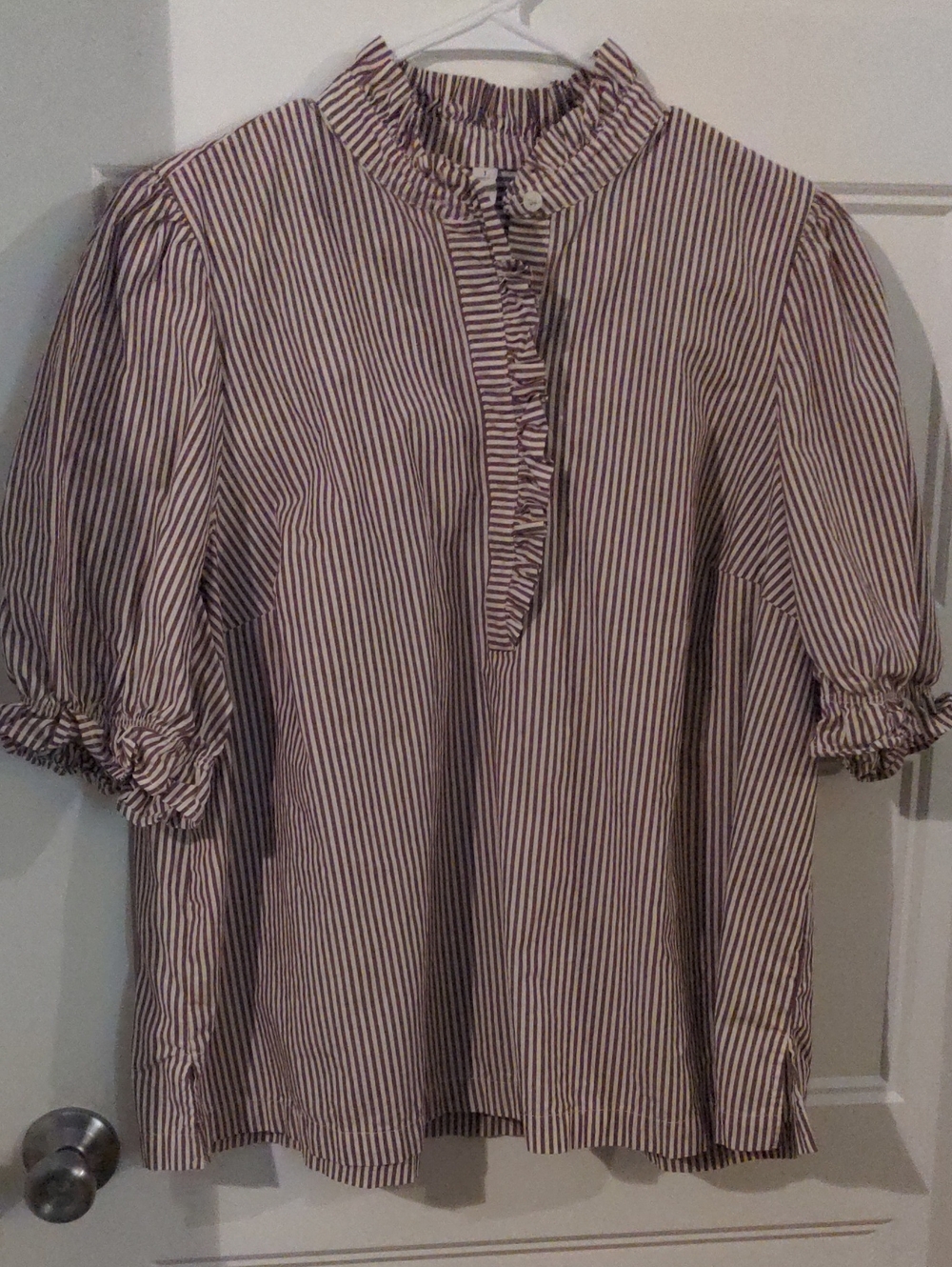 Torrid Belle Isle Striped Ruffle High Neck Short Sleeve Blouse 1X